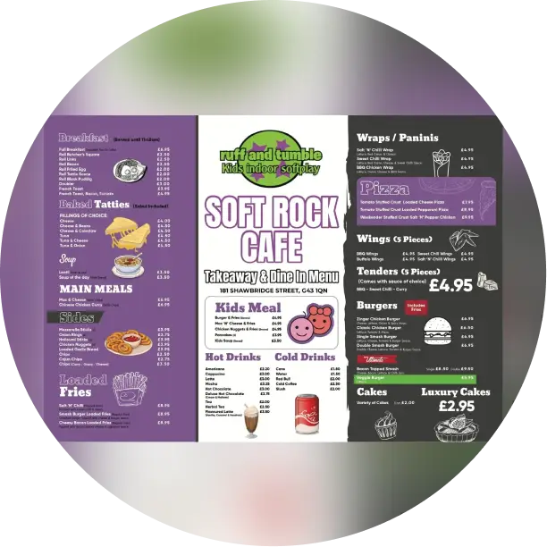 A menu of soft rock cafe with different types of food.